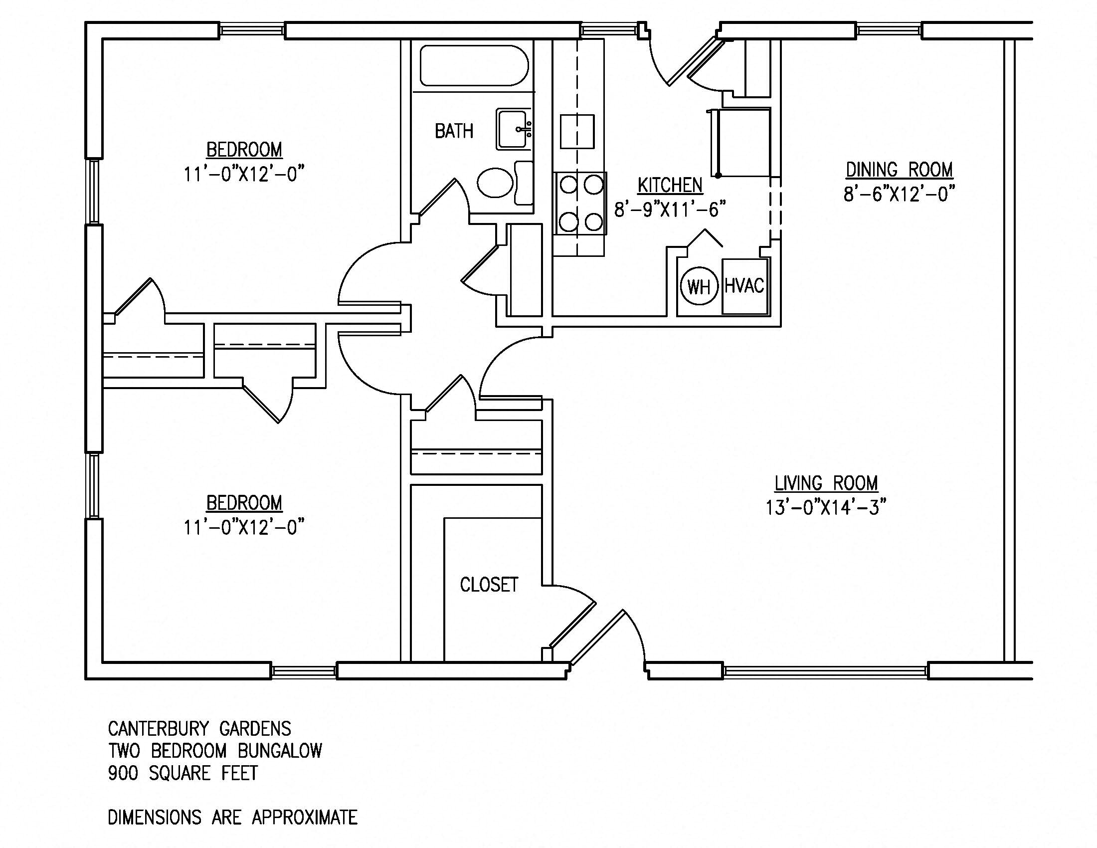 Floor plan for 2 beds, 1 bath, 900 sqft